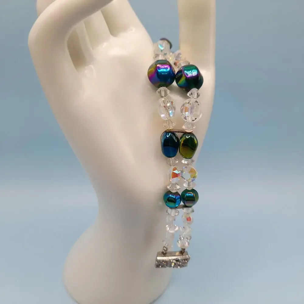 Vintage 1960s AB Crystal Beaded Bracelet, Double Strand, Iridescent Austrian, 7